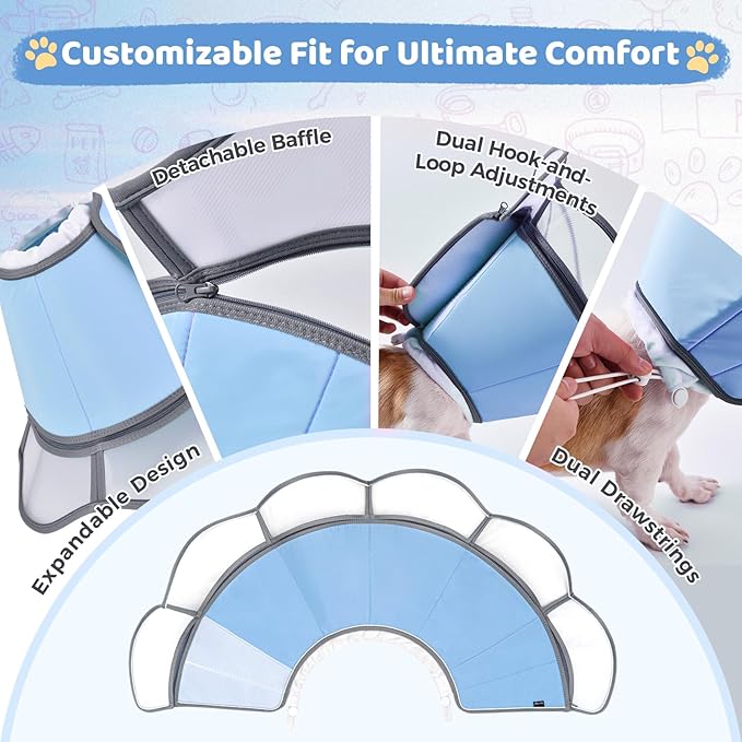 Soft Dog Cone Collar After Surgery Recovery,Adjustable E-Collar with Removable Shield,Lightweight,Breathable Anti-Licking Protective Cone for Large,Medium,Small Pets (Blue, M (Neck:12''-15''))
