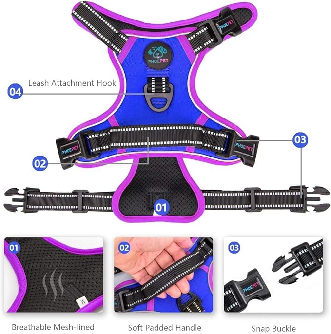 PHOEPET 2019 Upgraded No Pull Dog Harness, Reflective Adjustable Vest, with a Training Handle + 2 Metal Leash Hooks+ 3 Snap Buckles +4 Slide Buckles(S, Royal Blue)