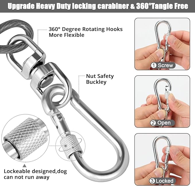 Jenico Dog Tie Out Cable, 10/15/20/30/40/50/70/100/150FT Runner Cable with Swivel Hook and Shock Spring, Outdoor and Camping Dog Leash Run Tether for Small to Medium Pets Up to 500 LBS