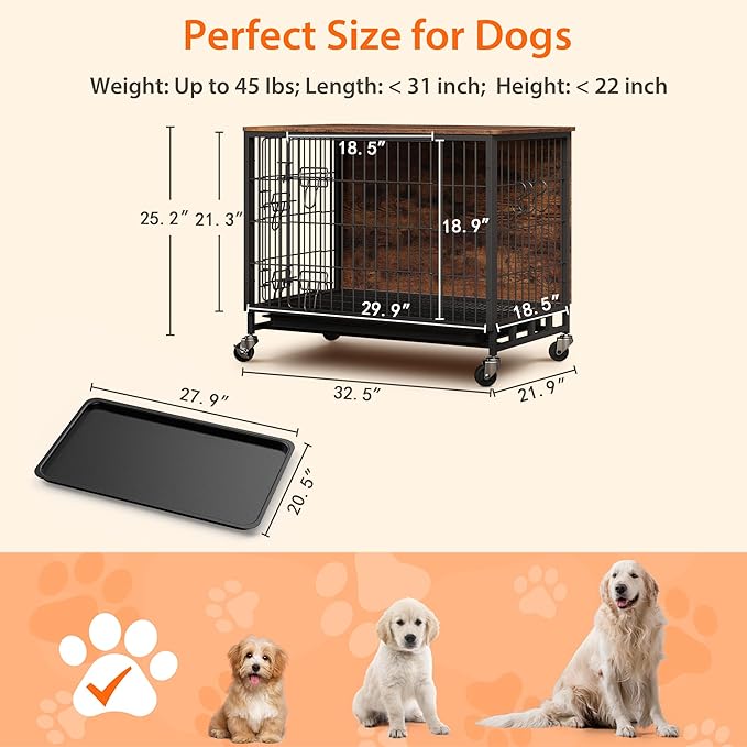 Dog Crate Furniture, 32.5" Wooden Dog Crate Furniture Side End Table, Indoor Kennel with Double Doors, Dog Crates for Medium Dogs, Rustic Brown