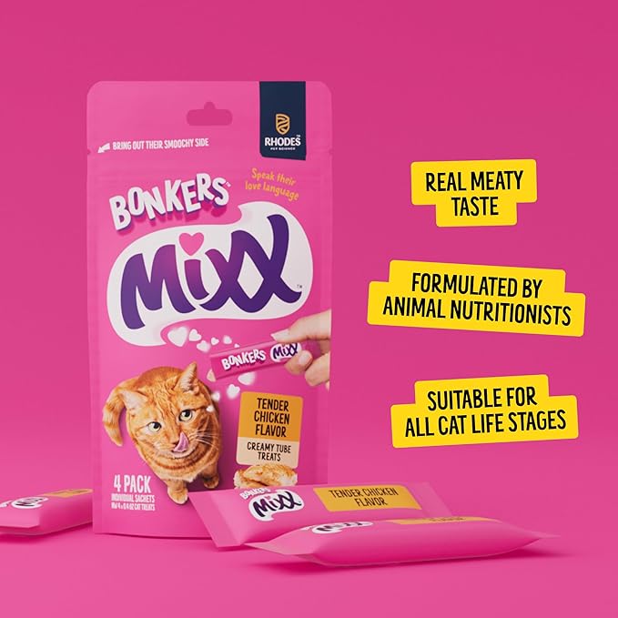BONKERS Mixx, Wet Lickable Tube Tender Chicken Flavor Cat Treats, Real Meat Treats, Treats for Training or Food Topper, for All Breeds and Ages, Value Pack (15 Pack, 60 Tubes)