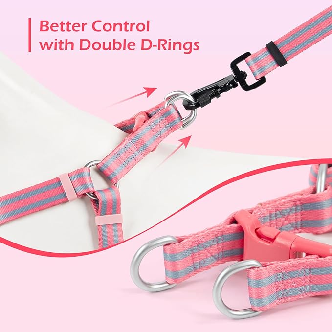 Stripe Step in Dog Harness for Small Dogs, Freedom Nylon Dog Halter Vests, Lightweight and Escape Proof Puppy Harness, Quick Fits for Small Medium and Large Dogs, Pink L