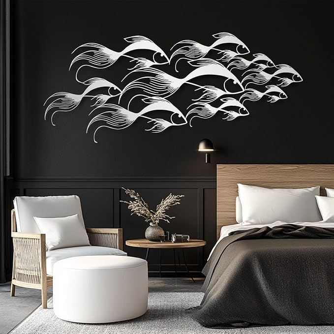 School of Fish Metal Wall Art, Metal Fish Wall Decor, Sea Life Wall Art, Large Nautical Wall Hanging, Modern Beach House Wall Decor, Ocean Themed Artwork for Bathroom (Gold, 59"x25" | 150x64cm)