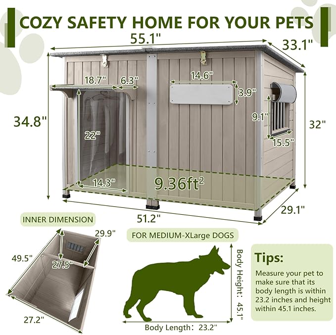 Large Dog House Outdoor XL Wooden Dog House with Weatherproof Asphalt Roof, Chew-Resistant Frame, Removable Floor, for Medium to Large Dogs Indoor Outdoor Use (Grey, 55.1"L x 33.1"W x 34.8"H)