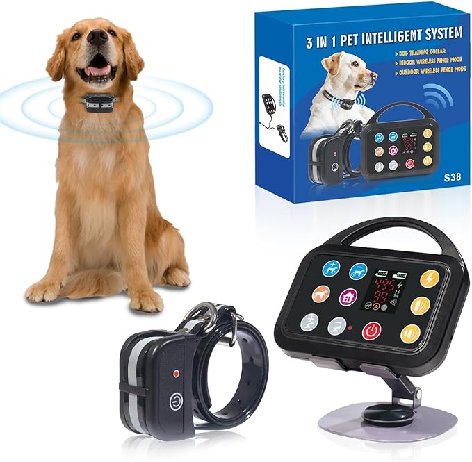 Plkm Dog Wireless Fence Indoor Outdoor Electric Fence Dog Training Collar 3 in 1 Pet Intelligent System, Out-of-Range Reminder AI Technology, Adjustable Range Shock Strength, Waterproof Rechargeable