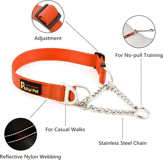 Plutus Pet Martingale Dog Collar with Stainless Steel Chain and Reflective Nylon, Adjustable No Pull Training Collar, for Small Medium, and Large Dogs, Orange, L