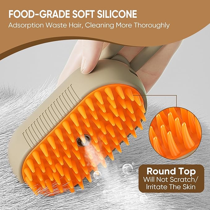 4-in-1 Cat Steam Brush for shedding–Self-Cleaning Comb for Long and Short Hair Cats and Dogs, Steam Pet Brush for Hair Removal, Vibrating Message, Grooming & Relaxation (Khaki)