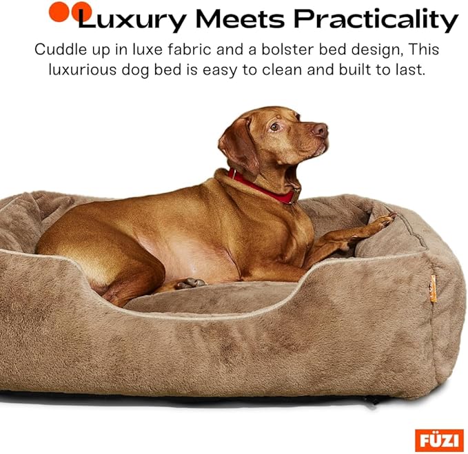 FUZI Luxury Aesthetic Dog Bed with Extra Cover for Medium Dogs, Washable Pet Couch, Pet Bed with Sides, Non-Slip Bottom, Soft & Durable Calming Bed, Faux Rabbit Fur, Medium 31.75x23.6x9.5 Light Brown
