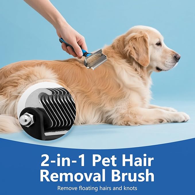 2-in-1 Shedding Brush and Detangling Comb Combo,Stripping Brush for Medium and Large Dogs, Dog and Cat Grooming Comb, 22 Stainless Steel Teeth Remove Tangled Hair, Pet Grooming Tools-large