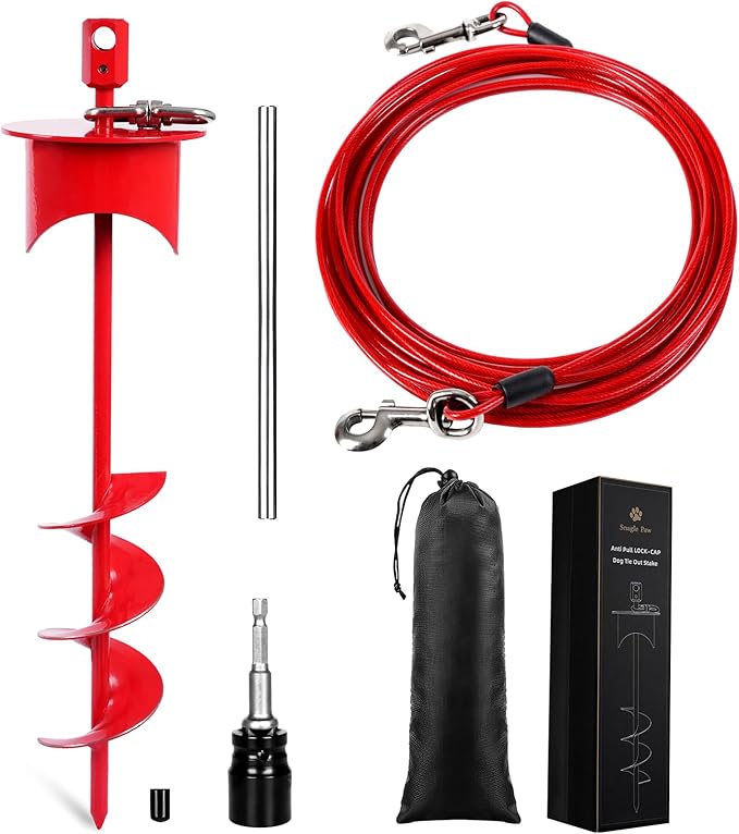 Snagle Paw Dog Tie Out Cable & Stake with Lock Cap - 30ft Heavy Duty Rust Proof Cable, 360° Swivel Dog Yard Leash & Stake Up to 220 lbs - Ground Anchor for Yard, Beach, Camping & Outdoor Use