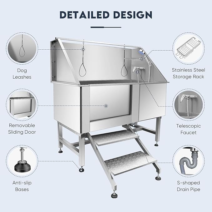 62" Pet Dog Bathing Station,Professional Stainless Steel Dog Grooming Tub,Pet Bathing Tub Dog Bathing Station with Faucet Walk-in Ramp Accessories,Commercial or Household use, (Extra Large)