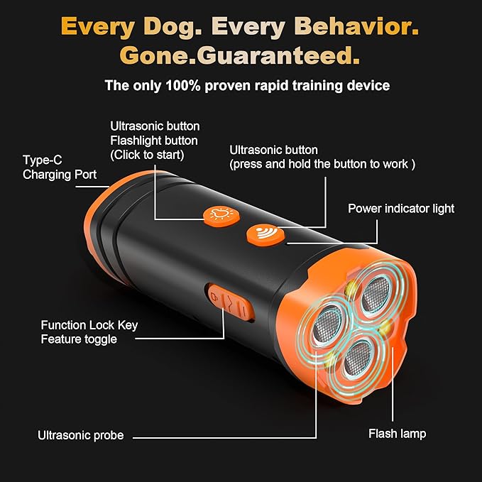 New Dog Bark Deterrent Devices, Professional Dog Training Tool, Anti Bark Device for Dogs, w/ 3X Sonic emitters 50ft Range for Dog Training, Alternative to bark Collar,Orange