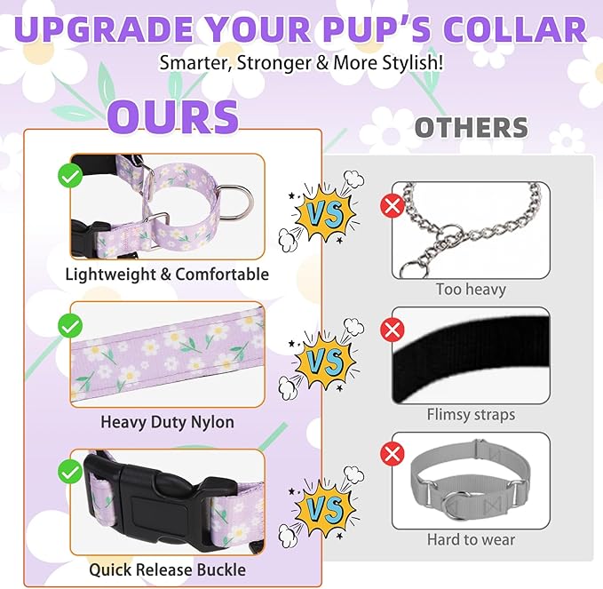 KOOLTAIL Martingale Collar for Dogs,Soft Padded Nylon Heavy Duty Dog Collar for Small Medium Large Dogs,Adjustable No Pull Durable Wide Puppy Training Collar With Pattern Design for Boy Girl, Purple M