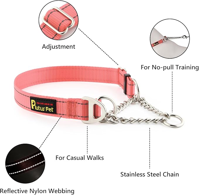Plutus Pet Martingale Dog Collar with Stainless Steel Chain and Reflective Nylon, Adjustable No Pull Training Collar, for Small Medium, and Large Dogs, Pink, M