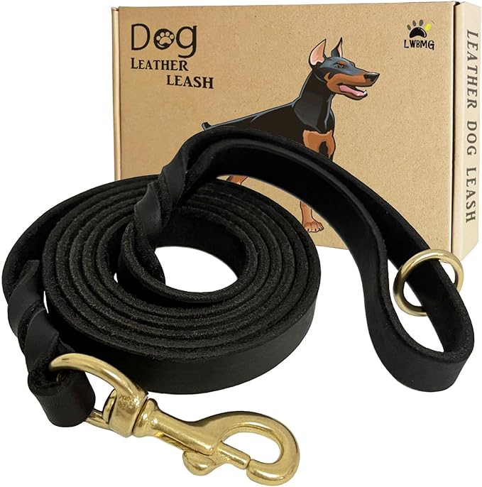 LWBMG Black Leather Dog Leash 6ft x 5/8", Heavy Duty Dog Leash, Strong Sturdy Genuine Leather Dog Leash, Soft Braided Leather Leash for Large, Medium and Small Dogs Training