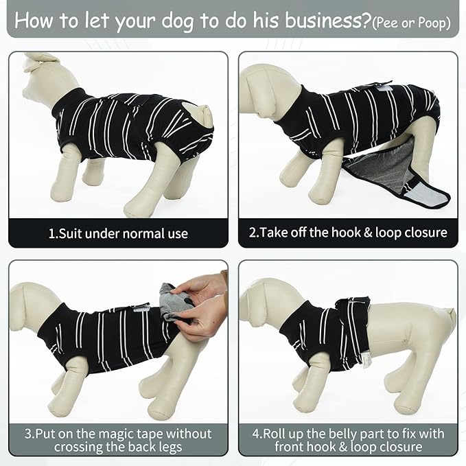 Kuoser Dog Surgery Recovery Suit for Female Male Dogs, Stripes Spay Neuter Anti-Licking Dog Onesie, Surgical Suit Snugly Pet Post Surgery Vest Bodysuit for Abdominal Wounds Skin Disease, Black L