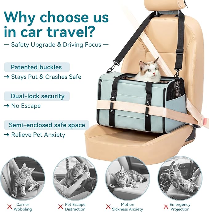 Petsfit Pet Carrier for Large and Medium Cats, Large Capacity Lightweight Soft-Sided Pet Carrier for Travel, with Adjustable Shoulder Strap, Locking Zipper Head and Washable Fleece Pad,Green