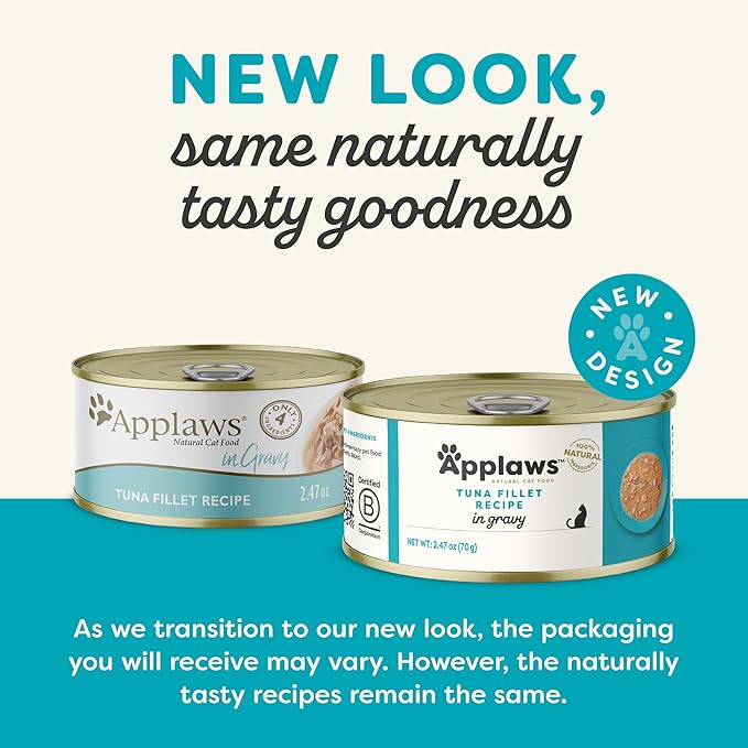 Applaws Natural Wet Cat Food in Gravy, Limited Ingredient Canned Wet Cat Food, No Additives, Made with Natural Ingredients, Tuna Fillet in Gravy (24 x 2.47oz Cans)