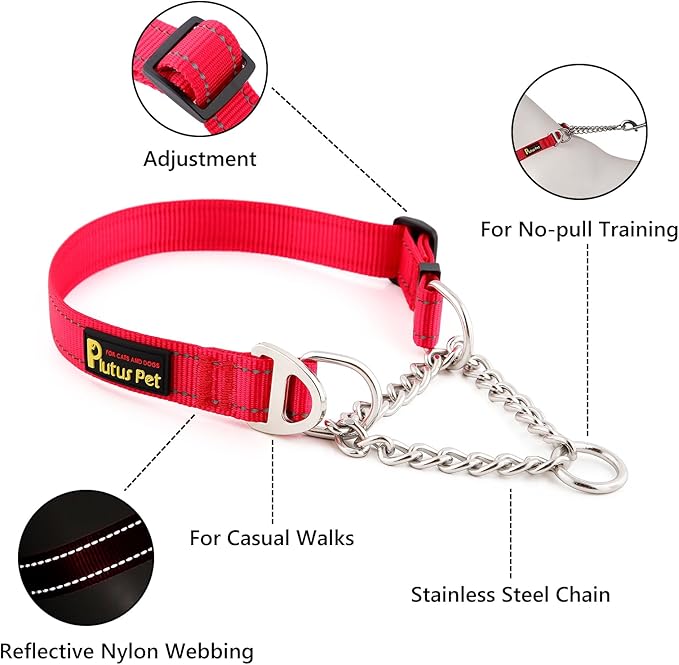 Plutus Pet Martingale Dog Collar with Stainless Steel Chain and Reflective Nylon, Adjustable No Pull Training Collar, for Small Medium, and Large Dogs, Red, M