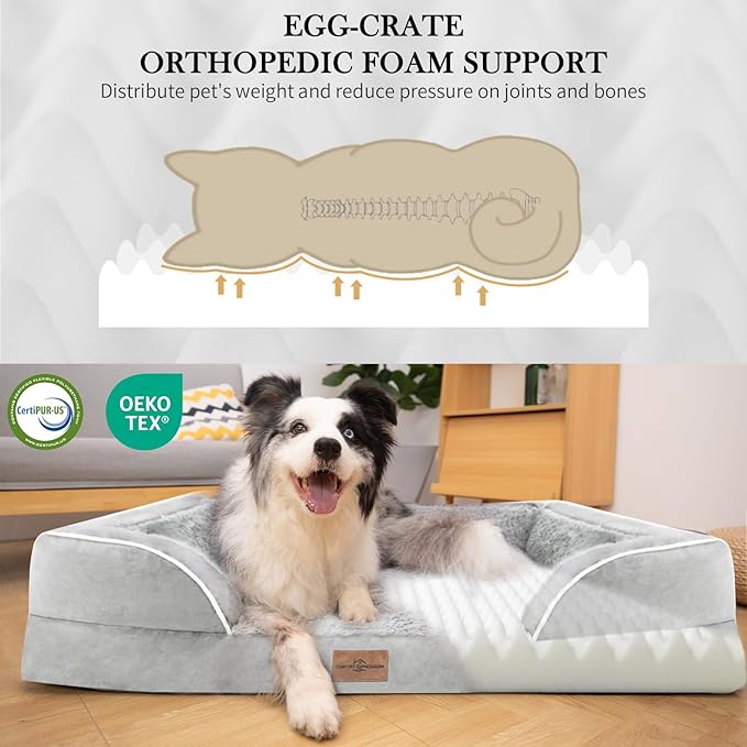 Comfort Expression Medium Dog Beds Waterproof Orthopedic Foam Dog Sofa Beds for Medium Large Dogs Comfy Pet Bed with Washable Removable Cover & Non-Slip Bottom(Medium,Grey White)