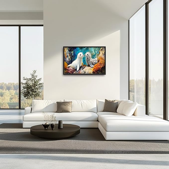 Extra Large Seal Framed Wall Art for Living Room,Oversized Underwater Animal Pictures Wall Decor,Ocean Coral Reef Canvas Print Painting Modern Artwork Bedroom Office Bathroom 36L" x 24W"