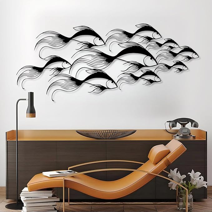 School of Fish Metal Wall Art, Metal Fish Wall Decor, Sea Life Wall Art, Large Nautical Wall Hanging, Modern Beach House Wall Decor, Ocean Themed Artwork for Bathroom (Gold, 53"x22" | 135x57cm)