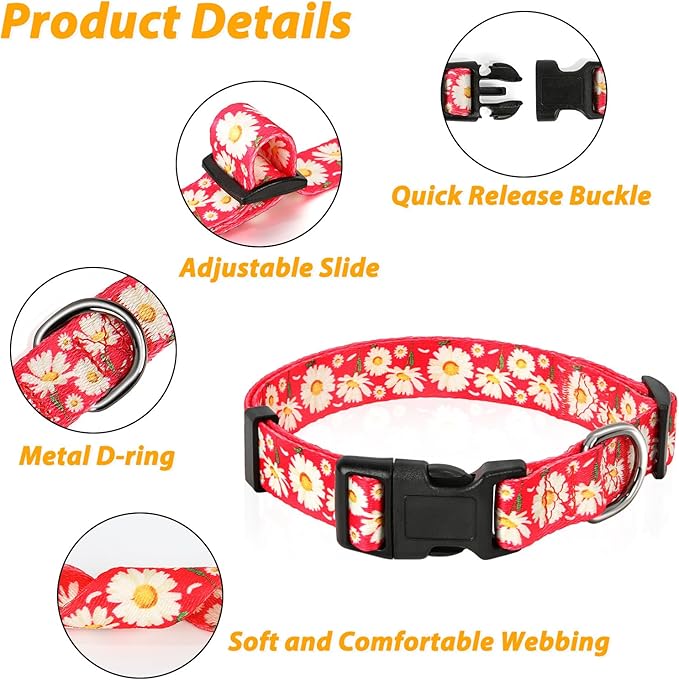 HEELE Dog Collar, Adjustable Soft Dog Collar for Small Medium Large Dogs,Daisy Floral Patterned Puppy Collars with Quick Release Buckle Daisy Red L Length 15.94''-25.59'