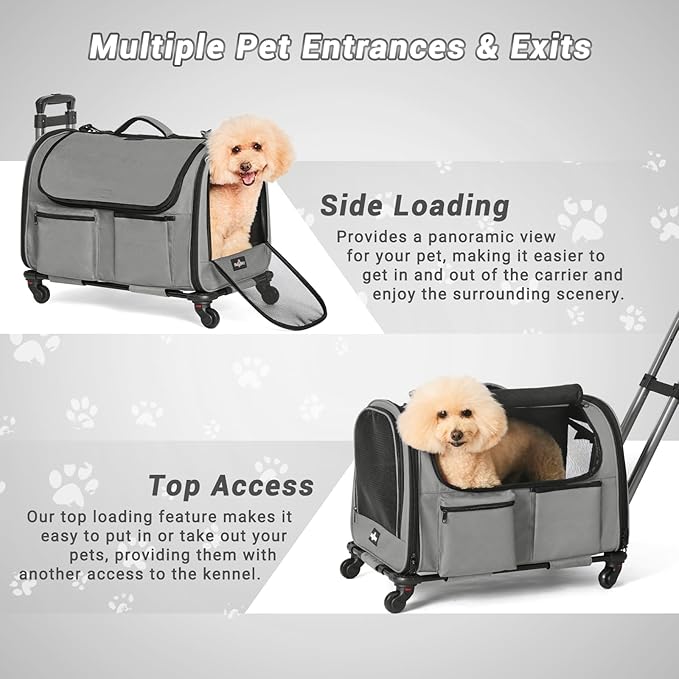 Large Pet Carrier with Wheels, Foldable Rolling Dog Carrier with Wheels and Big Pocket, Cat Rolling Bag 21"x13"x13" for 2 Cats &Dogs, for Travel, Outdoor, Vet Visits, Camping, Indoor. Gray