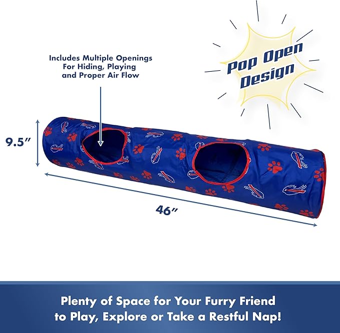 NFL Buffalo Bills Cat Tunnel Tube Toy with Plush Football Catnip and Feathers Collapsible Tunnel for Cats to Play, Peek and Hide, Sporty & Fun Cat Tunnel Toy with Team Logo All-Over Design!
