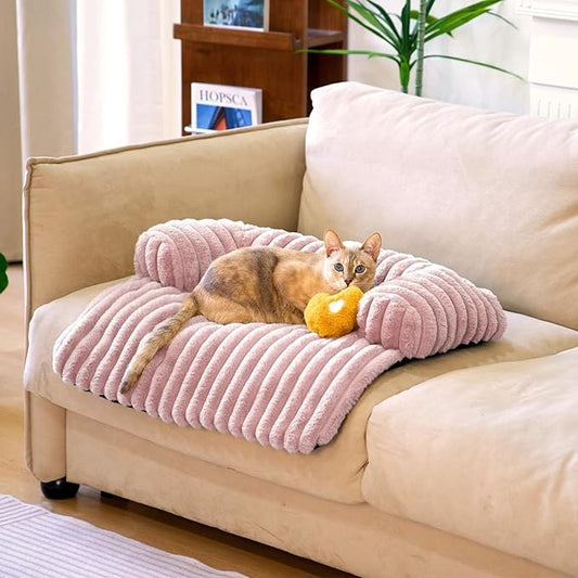FUNNY FUZZY Pet Couch Cover for Sofa, Calming Dog Bed for Couch, Fluffy Plush Cat Bed Mat for Furniture Protector for Small Dogs and Kitten, 27×24 in, Pink