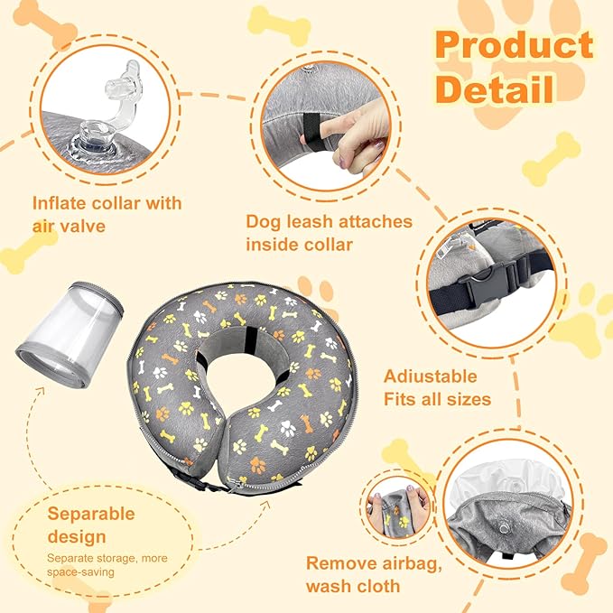 Dog Cone Collar with Enhanced Anti-Licking, Inflatable Dog Cone After Surgery, Adjustable Size with Soft Padding for Small Medium Large Dogs - M