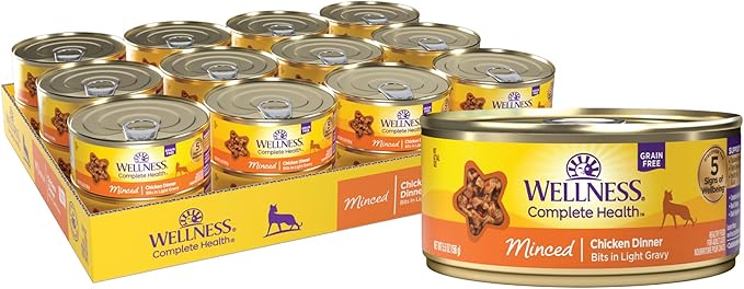 Wellness Complete Health Minced Adult Wet Cat Food, Natural, Protein-Rich, Grain Free, 5.5 Ounce, 24 Pack, (Chicken Entrée)