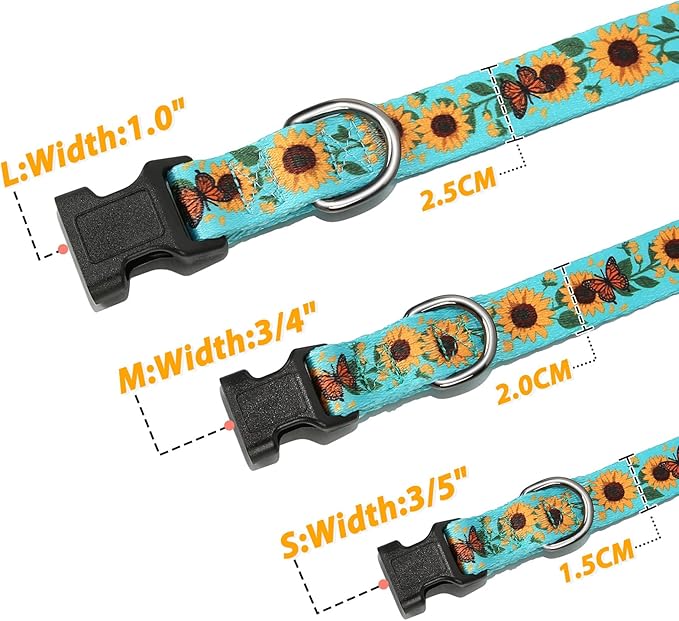 HEELE Dog Collar, Adjustable Soft Dog Collar for Small Medium Large Dogs,Sunflower Floral Patterned Puppy Collars with Quick Release Buckle Sunflower Green L Length 15.94''-25.59'