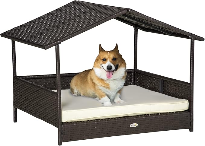 PawHut Wicker Dog House Outdoor with Canopy, Rattan Dog Bed with Water-Resistant Cushion, Raised Dog Bed for Small, Medium Dogs up to 66 lbs, 19.75" in Length, Brown Wicker, White Cushion