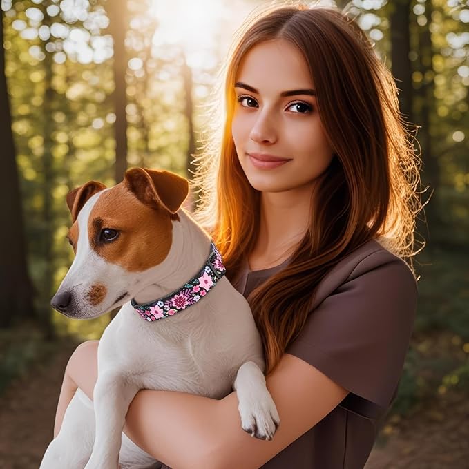 HEELE Dog Collar, Adjustable Soft Dog Collar for Small Medium Large Dogs,Floral Patterned Puppy Collars with Quick Release Buckle Galsang Black L Length 15.94''-25.59'