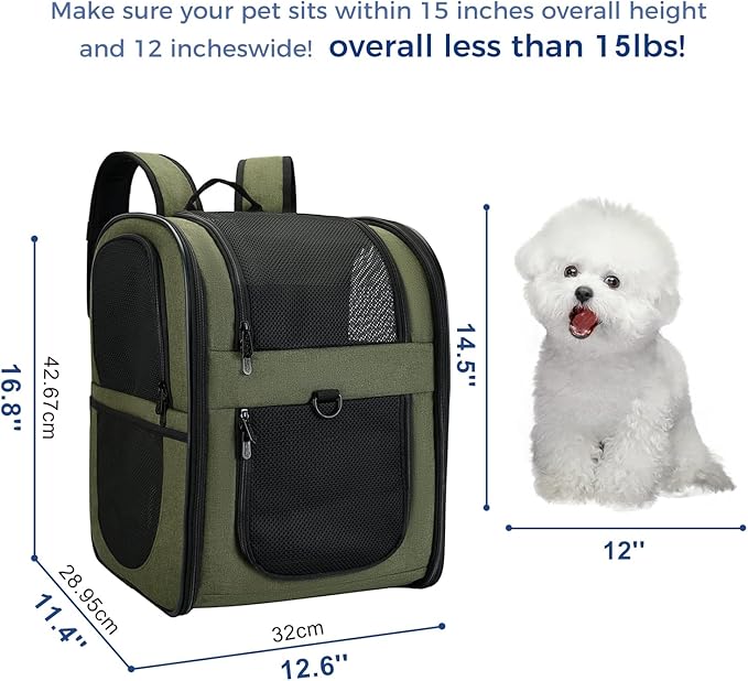 Apollo Walker Dog & Cat Carrier Backpack for 4-15lb Pets - Ventilated Safe Design with Padded Back Support, Breathable Mesh Pet Backpack for Hiking, Travel, Outdoor (Green)