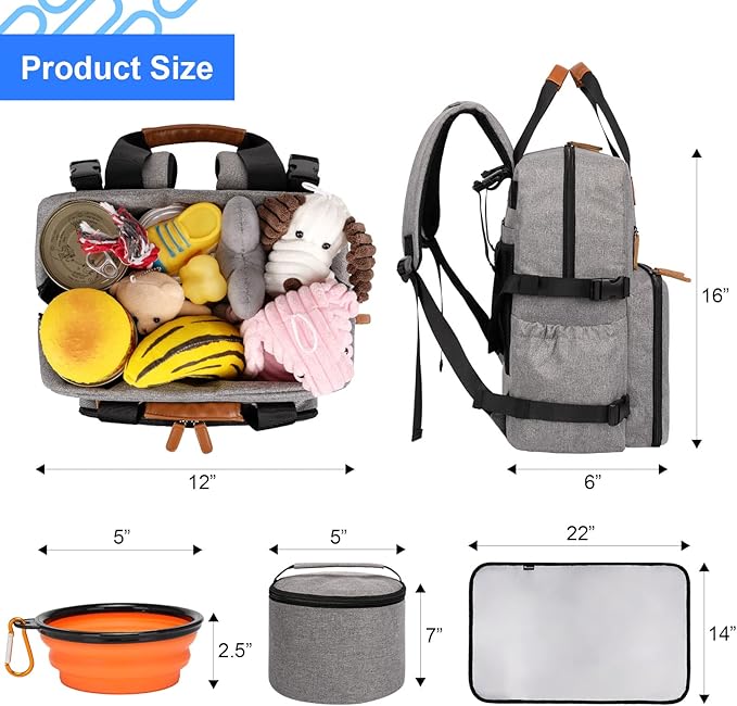 Modoker Dog Travel Bag, Airline Approved Backpack for Pet Accessories Organizer, Tote Weekend Bag with 2 Dog Food Storage Containers, 2 Collapsible Dog Bowls, 1 Pet Mat, Grey