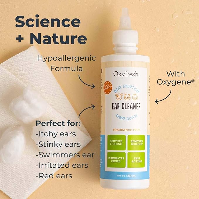 Oxyfresh Advanced Pet Ear Cleaner - Best Dog Ear Cleaner Solution - Helps with Yeast, Wax, Dirt & Itchy Ear Canal - Cleaning, Soothing, & Sting-Free Dog Ear Wash & Cat Ear Rinse 8oz