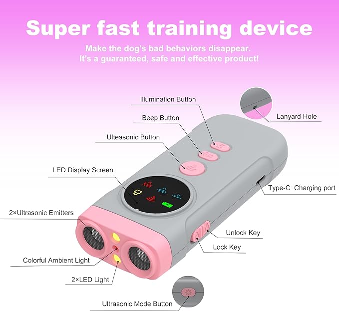 Dog Bark Deterrent Devices, Ultrasonic Bark Deterrents Rechargeable Anti-Barking Device with LED Display Screen Long Range in 50FT for Dog Training Bark Collar Alternative