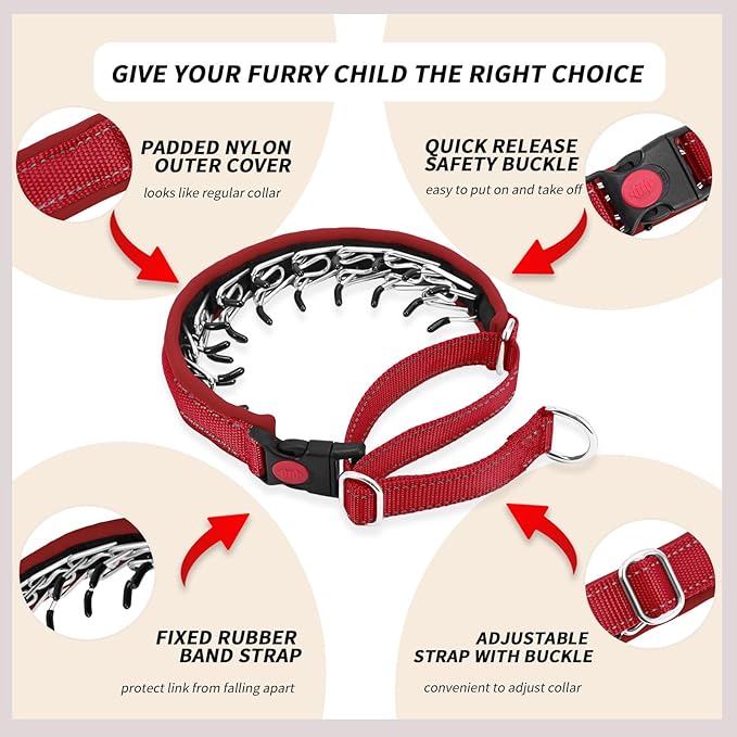 Martingale No Pull Dog Collar for Large Medium Small Dogs, Heavy Duty Nylon Reflective Adjustable Anti Pull Slip Collar with Buckle for Training Walking L Red