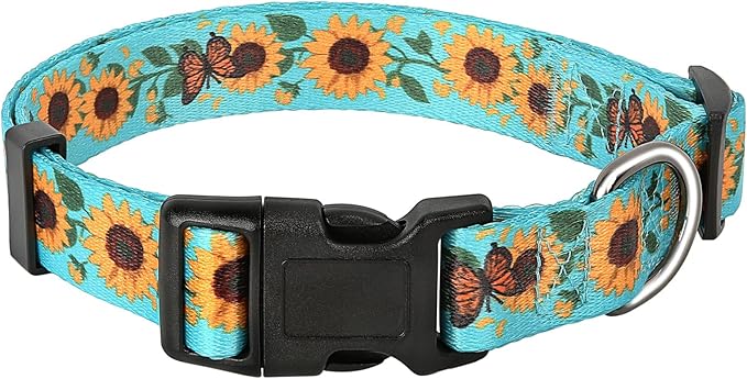 HEELE Dog Collar, Adjustable Soft Dog Collar for Small Medium Large Dogs,Sunflower Floral Patterned Puppy Collars with Quick Release Buckle Sunflower Green S Length 9.84''-14.96'