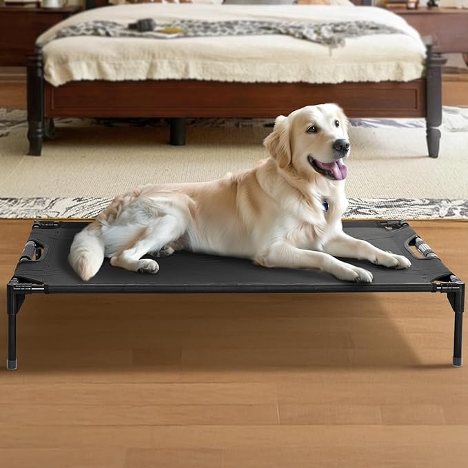 Petsfit Cooling Elevated Raised Dog Bed- Outdoor Pet Cot for Large Dogs, Upgraded Adjustable Firmness Pet Bed，Dog Hammock Bed with Durable Breathable Teslin Mesh，Non Slip, Black 48”