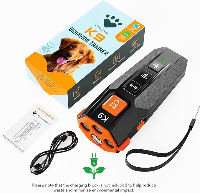 K9 Dog Bark Deterrent – Safe & Effective Ultrasonic Anti-Bark Device for Dogs, Non-Harmful, No Shock, Humane Training Tool for Dogs. Rechargeable 2-in-1 Training Tool with LED Flashlight.