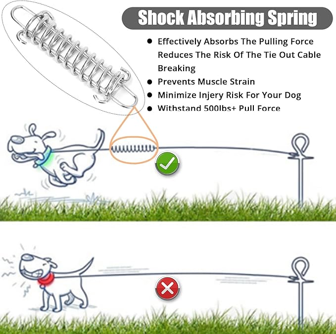 Jenico Dog Tie Out Cable, 10/15/20/30/40/50/70/100/150FT Runner Cable with Swivel Hook and Shock Spring, Outdoor and Camping Dog Leash Run Tether for Small to Medium Pets Up to 500 LBS