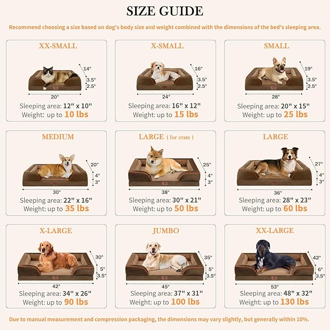 Comfort Expression Dog Bed for Extra Large Dogs, Orthopedic Memory Foam Dogs Beds, XL Dog Bed with Removable Cover, Waterproof Pet Beds Large with Bolster(X-Large,Khaki Brown)