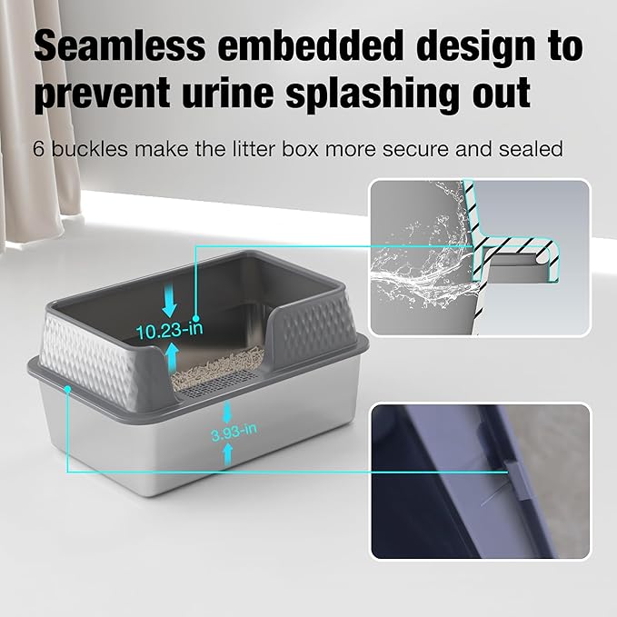 Suhaco Stainless Steel Litter Box Side Entry, Kitty Black Litter Mat and White Scoop Included Covered Metal High Sided Large Cat Litter Box with Lid Removable Enclosure for Medium Cats (Grey)