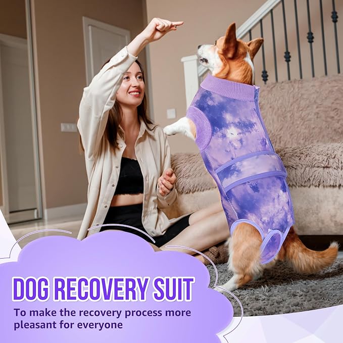Lukovee Recovery Suit for Dogs, Zipper On Recovery Suit for Female Male Dog, Onesie Abdominal Wounds Cone E-Collar Alternative Prevent Licking Spay Recovery Suit (4XL, Purple Tie-dye)