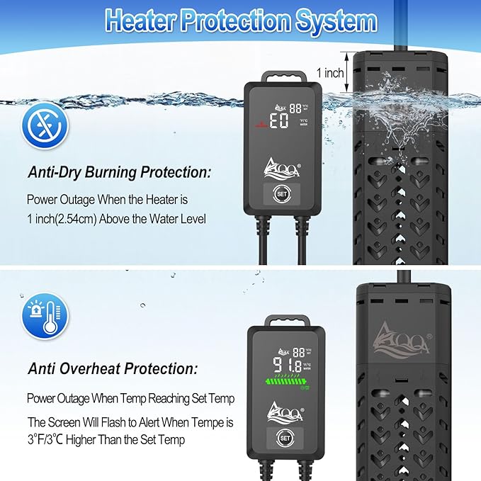 AQQA 1000W Fish Tank Heater 135-258 Gallon Submersible Aquarium Heater Quartz Glass Betta Fish Heater for Aquarium Thermostat Heater for Freshwater and Saltwater (AQ136-1000W for 135-258Gal)