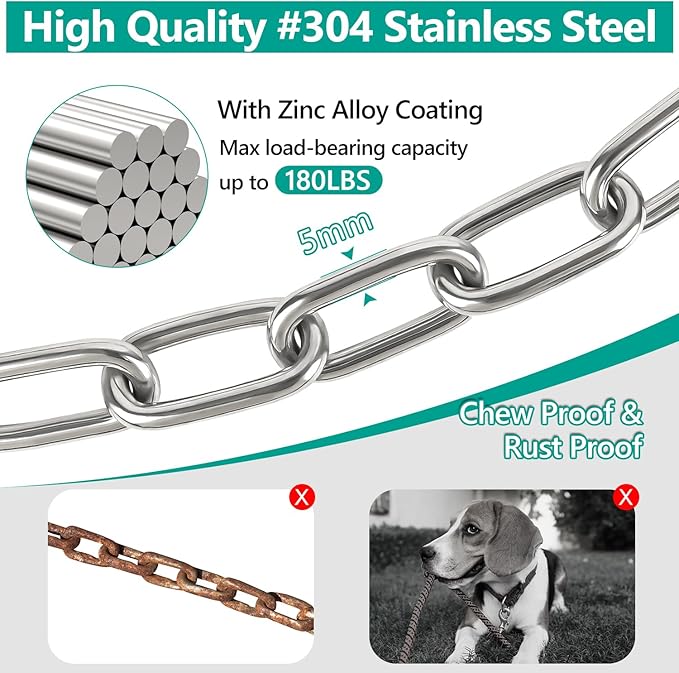 Tresbro Heavy Duty Dog Chains for Outside, 15FT Stainless Steel Tie Out Cable with Swivel Hook for Large Dogs, Metal Chew Proof Pet Runner Chain Leash Lead for Outdoor Camping Hiking Yard, 5MM