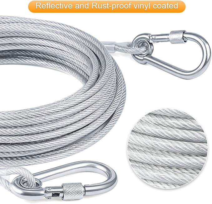 Tresbro 30FT Reflective Tie Out Cable for Dogs Up to 250 Pounds, Steel Wire Lead Leash Cable with Stainless Dual Fix Buckle, Lightweight and Enduring, Outdoor Dog Chains for Outside,Yard,Camping